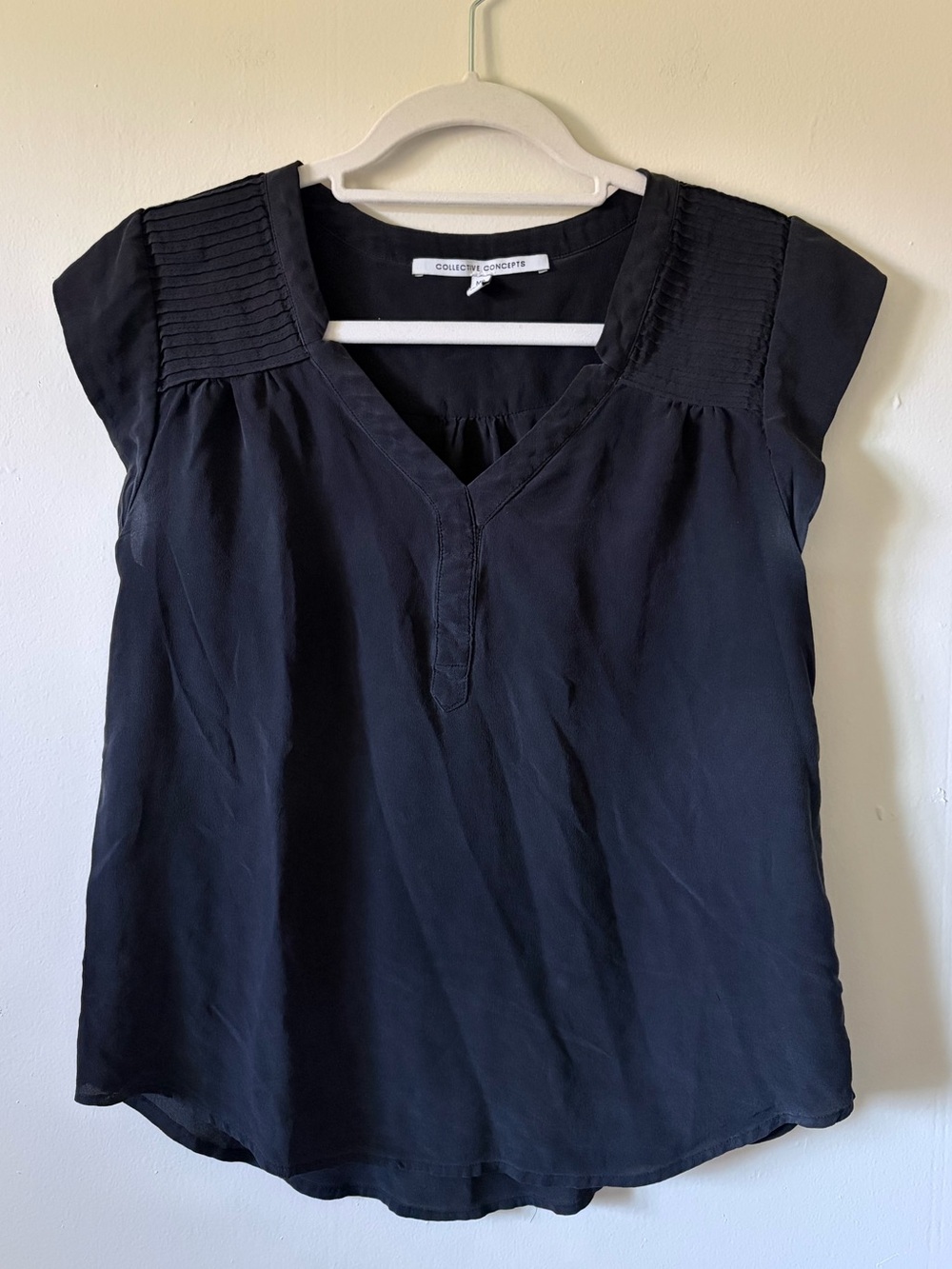 100% Silk Black Pleated Cap-Sleeve V-Neck Blouse